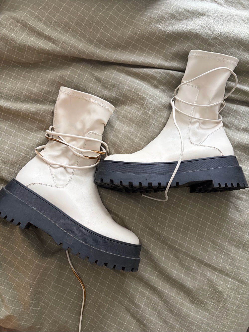 Public Desire Cream and Black Lug Sole Ankle Boots